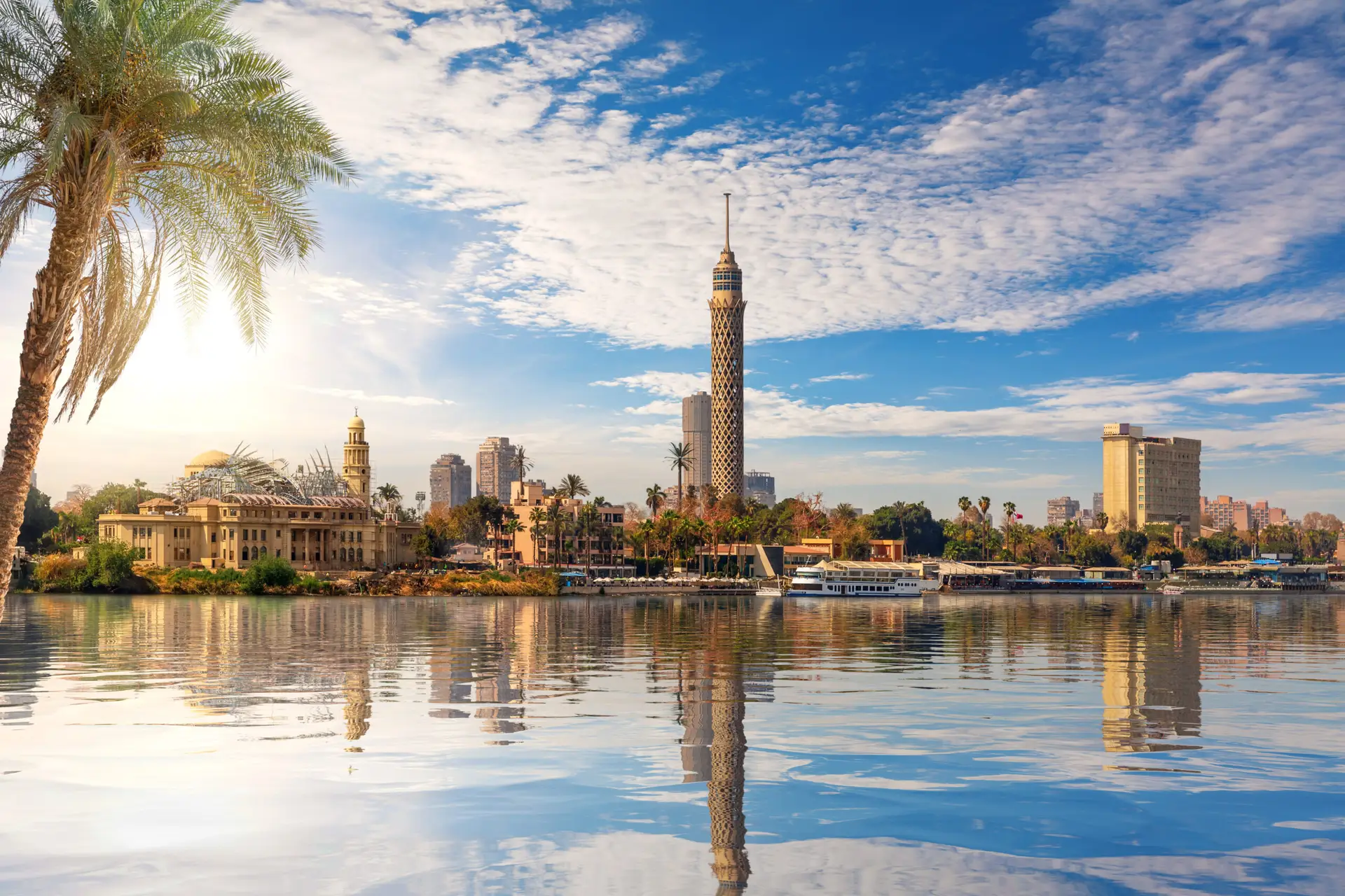 Cairo downtown, view on Gezira Island and the tower from the Nile, Egypt.